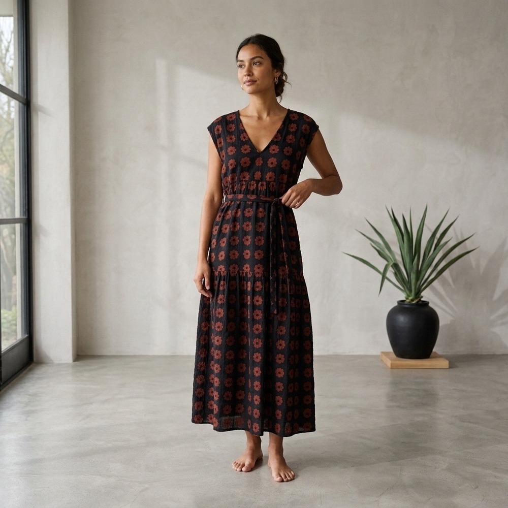Ace & Jig XL Black Red Floral Maxi Dress 100% Organic Cotton Belted Sleeveless